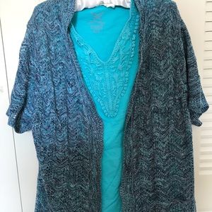 Cardigan and shirt. Aqua blue